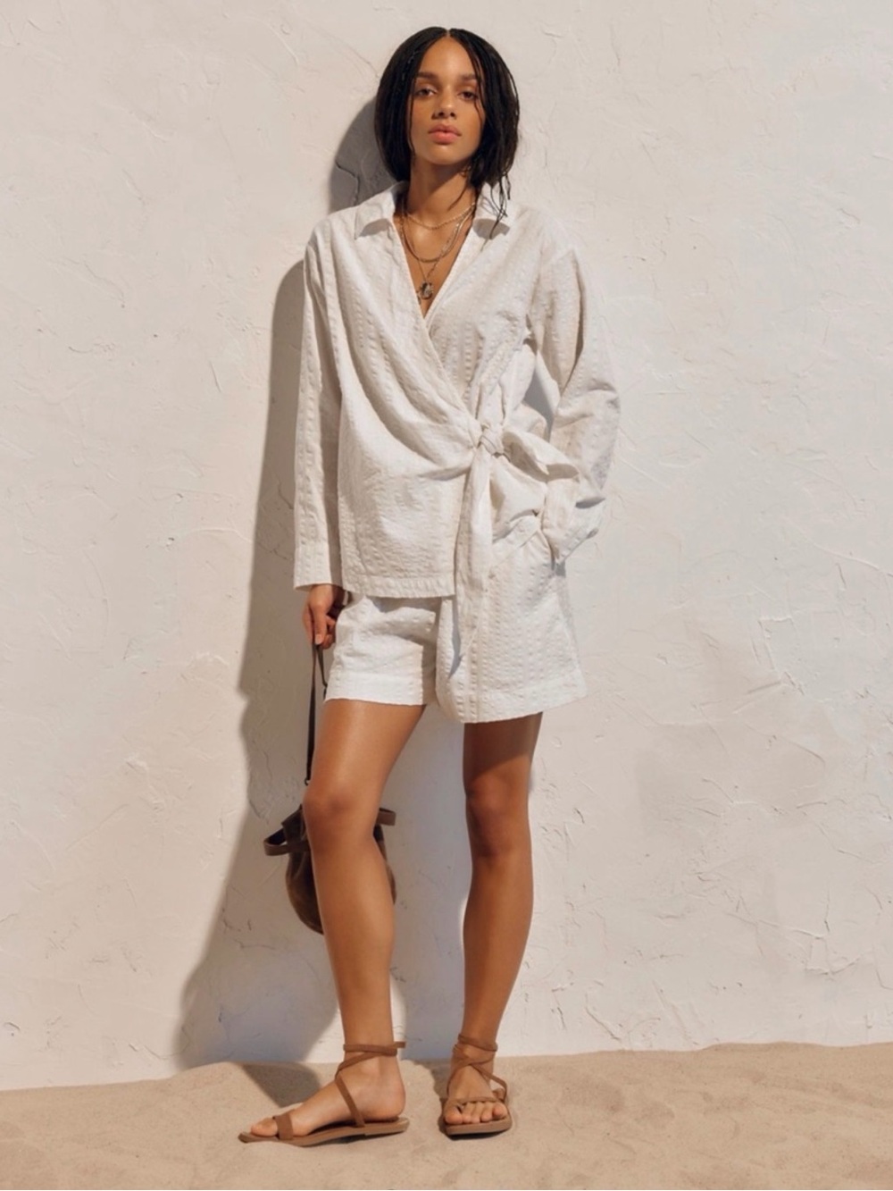Free People FP Beach Indie White Textured Wrap Shirt Tie Waist Top Large